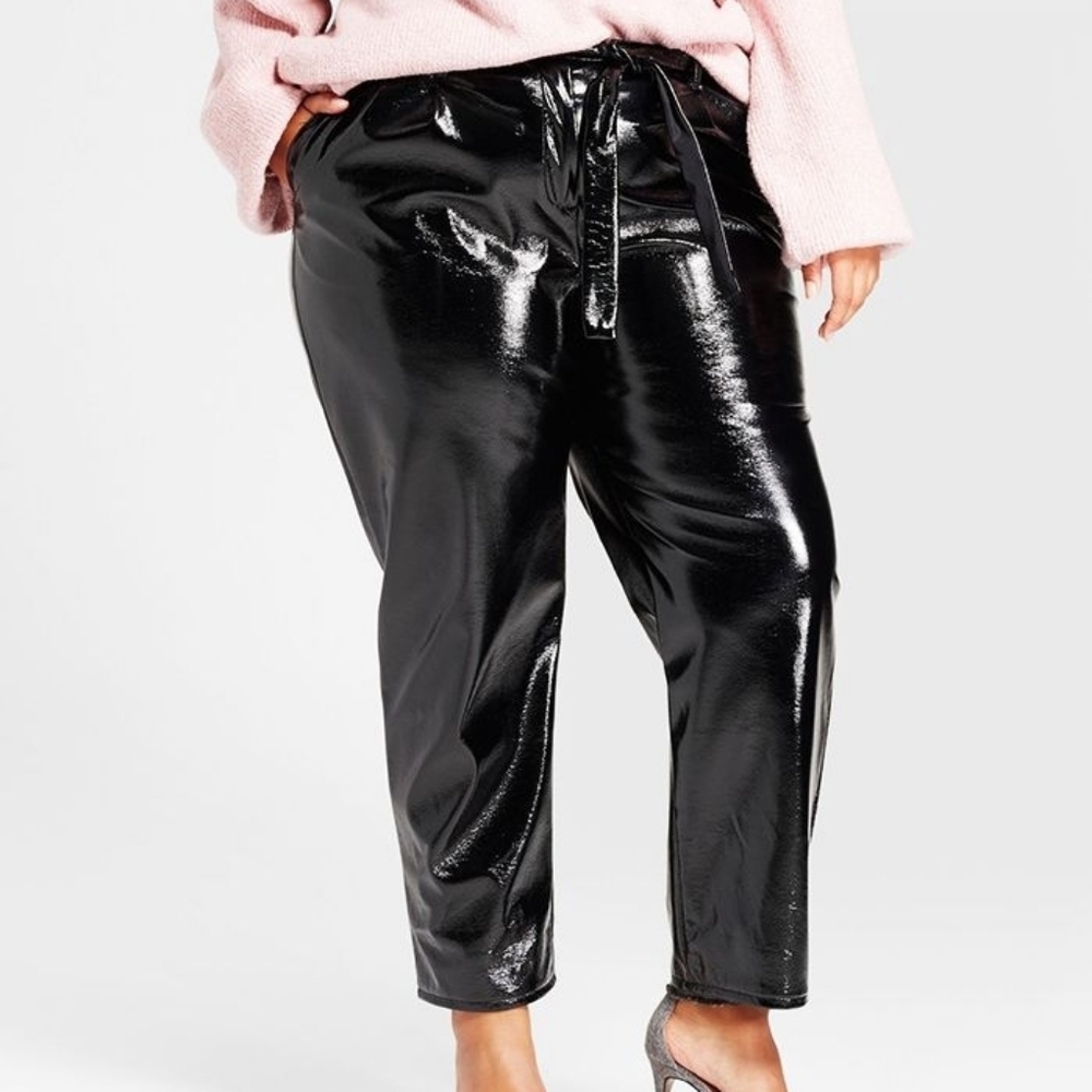 WHO WHAT WEAR jet black faux leather paper bag pants nwt 16 self tie plus size